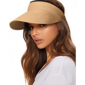 imageFURTALK Womens Sun Visor Hat Straw Sun Visors for Women Summer Packable Ponytail Beach Hats for Women Travel UPF 80Khaki