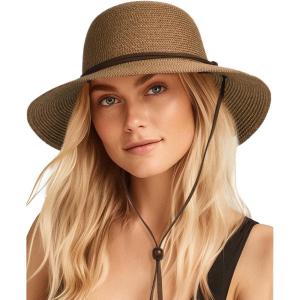 imageFURTALK Womens Wide Brim Sun Hat with Wind Lanyard UPF Summer Straw Sun Hats for WomenAcbrown