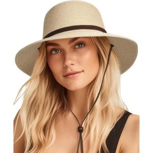 imageFURTALK Womens Wide Brim Sun Hat with Wind Lanyard UPF Summer Straw Sun Hats for WomenAdbeige