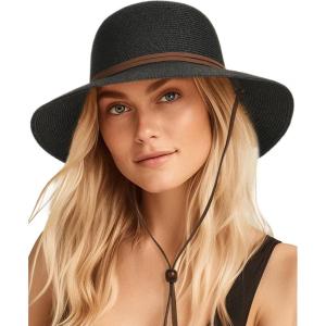 imageFURTALK Womens Wide Brim Sun Hat with Wind Lanyard UPF Summer Straw Sun Hats for WomenBlack
