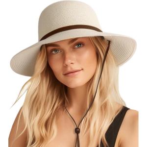 imageFURTALK Womens Wide Brim Sun Hat with Wind Lanyard UPF Summer Straw Sun Hats for WomenCream White