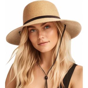 imageFURTALK Womens Wide Brim Sun Hat with Wind Lanyard UPF Summer Straw Sun Hats for WomenKhaki