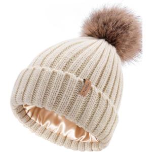 imageFURTALK Womens Winter Beanie Hat Satin Lined Faux Fur Pom Pom Beanies Hat for Women Winter Warm Knit HatsBeige