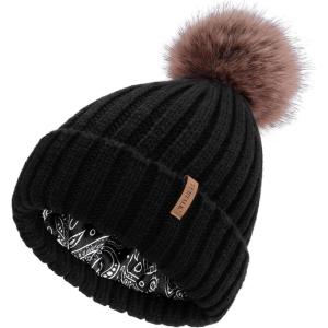 imageFURTALK Womens Winter Beanie Hat Satin Lined Faux Fur Pom Pom Beanies Hat for Women Winter Warm Knit HatsBlack