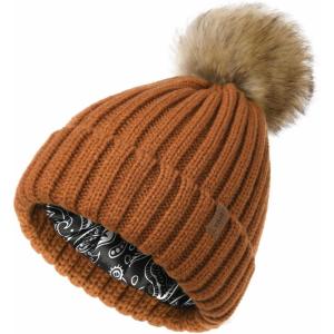 imageFURTALK Womens Winter Beanie Hat Satin Lined Faux Fur Pom Pom Beanies Hat for Women Winter Warm Knit HatsCamel