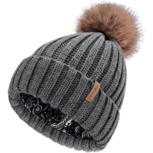 imageFURTALK Womens Winter Beanie Hat Satin Lined Faux Fur Pom Pom Beanies Hat for Women Winter Warm Knit HatsDark Grey