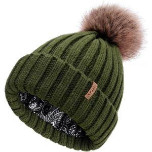 imageFURTALK Womens Winter Beanie Hat Satin Lined Faux Fur Pom Pom Beanies Hat for Women Winter Warm Knit HatsGreen