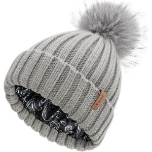 imageFURTALK Womens Winter Beanie Hat Satin Lined Faux Fur Pom Pom Beanies Hat for Women Winter Warm Knit HatsGrey