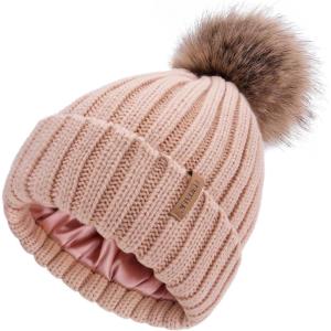 imageFURTALK Womens Winter Beanie Hat Satin Lined Faux Fur Pom Pom Beanies Hat for Women Winter Warm Knit HatsPink