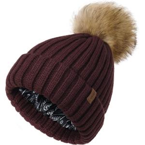 imageFURTALK Womens Winter Beanie Hat Satin Lined Faux Fur Pom Pom Beanies Hat for Women Winter Warm Knit HatsPort Wine