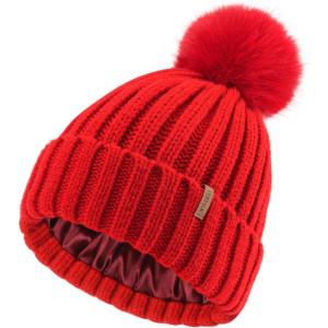 imageFURTALK Womens Winter Beanie Hat Satin Lined Faux Fur Pom Pom Beanies Hat for Women Winter Warm Knit HatsRed