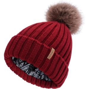 imageFURTALK Womens Winter Beanie Hat Satin Lined Faux Fur Pom Pom Beanies Hat for Women Winter Warm Knit HatsWine Red