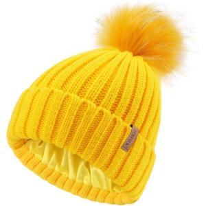 imageFURTALK Womens Winter Beanie Hat Satin Lined Faux Fur Pom Pom Beanies Hat for Women Winter Warm Knit HatsYellow