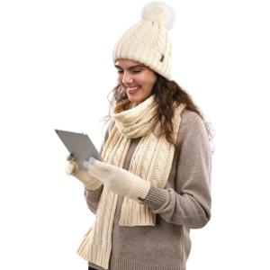 imageFURTALK Womens Winter Hat Gloves Scarf Set Fleece Knit Pom Beanie Warm Neck Warmer Touchscreen Gloves 3 in 1 Gift SetBeige