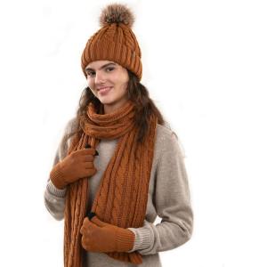 imageFURTALK Womens Winter Hat Gloves Scarf Set Fleece Knit Pom Beanie Warm Neck Warmer Touchscreen Gloves 3 in 1 Gift SetCaramel