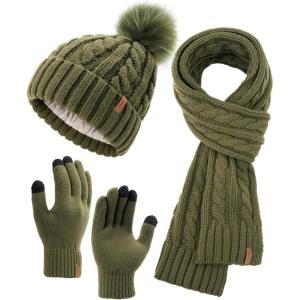 imageFURTALK Womens Winter Hat Gloves Scarf Set Fleece Knit Pom Beanie Warm Neck Warmer Touchscreen Gloves 3 in 1 Gift SetGreen
