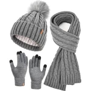 imageFURTALK Womens Winter Hat Gloves Scarf Set Fleece Knit Pom Beanie Warm Neck Warmer Touchscreen Gloves 3 in 1 Gift SetGrey