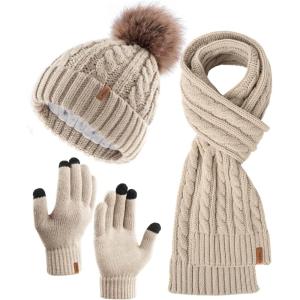 imageFURTALK Womens Winter Hat Gloves Scarf Set Fleece Knit Pom Beanie Warm Neck Warmer Touchscreen Gloves 3 in 1 Gift SetSmoke Grey