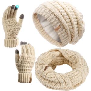 imageFURTALK Womens Winter Hat Gloves Scarf Set Gift Slouchy Beanie Touchscreen Gloves for WomenBeige