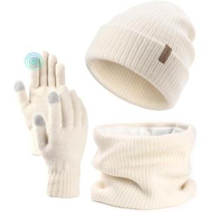imageFURTALK Womens Winter Hat Scarf Gloves Set Knitted Thick Beanie Touchscreen Gloves Neck Warmer for Men WomenBeige