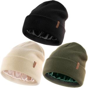 imageFURTALK Womens Winter Warm Satin Lined Beanie Hats Silk Lining Unisex Knit Slouchy CapsBlackbeigegreen