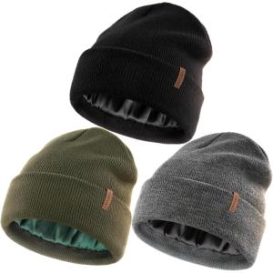 imageFURTALK Womens Winter Warm Satin Lined Beanie Hats Silk Lining Unisex Knit Slouchy CapsBlackgraygreen