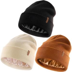 imageFURTALK Womens Winter Warm Satin Lined Beanie Hats Silk Lining Unisex Knit Slouchy CapsCaramelblackbeige