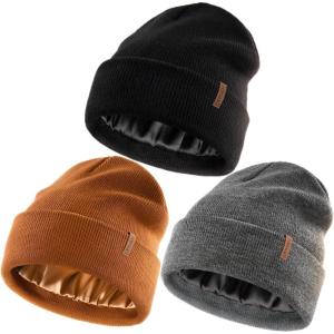 imageFURTALK Womens Winter Warm Satin Lined Beanie Hats Silk Lining Unisex Knit Slouchy CapsCaramelblackdark Grey