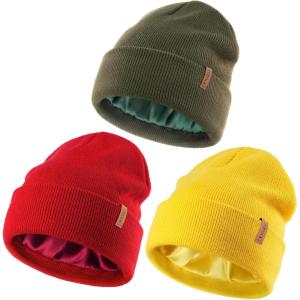 imageFURTALK Womens Winter Warm Satin Lined Beanie Hats Silk Lining Unisex Knit Slouchy CapsRedyellowgreen