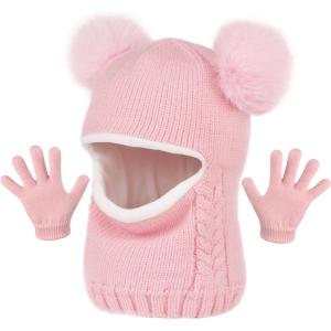 imageToddler Winter Hat Gloves Set Baby Girls Boys Winter Beanie Hats Fleece Lined Kids Earflaps Face Warmer Scarf SetPink
