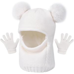 imageToddler Winter Hat Gloves Set Baby Girls Boys Winter Beanie Hats Fleece Lined Kids Earflaps Face Warmer Scarf SetWhite