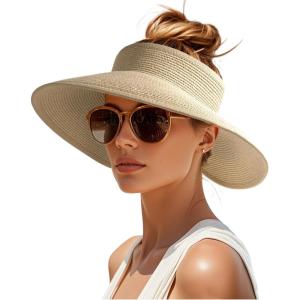 imageWomens Sun Visor Hats Wide Brim Straw Beach Hat UV Protection Ponytail Packable Beach Vacation EssentialsBeige