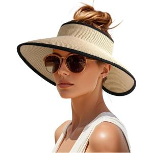 imageWomens Sun Visor Hats Wide Brim Straw Beach Hat UV Protection Ponytail Packable Beach Vacation EssentialsBeige With Black