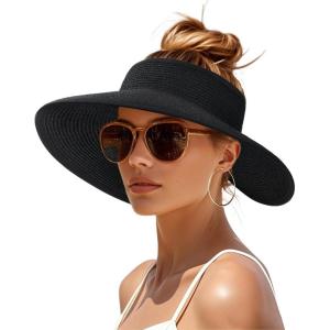 imageWomens Sun Visor Hats Wide Brim Straw Beach Hat UV Protection Ponytail Packable Beach Vacation EssentialsBlack
