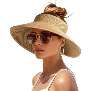 imageWomens Sun Visor Hats Wide Brim Straw Beach Hat UV Protection Ponytail Packable Beach Vacation EssentialsKhaki