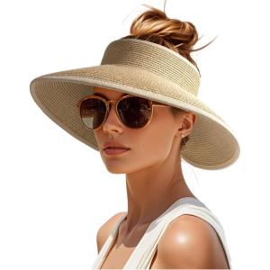 imageWomens Sun Visor Hats Wide Brim Straw Beach Hat UV Protection Ponytail Packable Beach Vacation EssentialsMix Beige