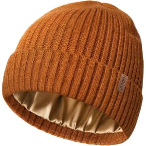 imageFURTALK Satin Lined Knit Beanie for Men Women Winter Hats Silk Lining Slouchy Warm Cuffed CapCamel
