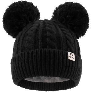 imageFURTALK Girls Winter Beanie Hat with Double Knitted Pom Pom Warm Fleece Lined Knit Soft Skull Cap for Toddler KidsBlack