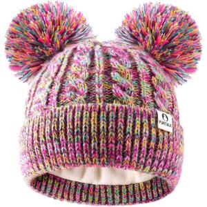 imageFURTALK Girls Winter Beanie Hat with Double Knitted Pom Pom Warm Fleece Lined Knit Soft Skull Cap for Toddler KidsMulticolor