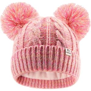 imageFURTALK Girls Winter Beanie Hat with Double Knitted Pom Pom Warm Fleece Lined Knit Soft Skull Cap for Toddler KidsPink