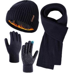 imageFURTALK Winter Hat Long Scarf Touchscreen Gloves Set Fleece Lined Warm Knit Beanie for Men WomenNavy Blue