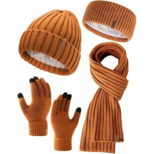 imageFURTALK Winter Warm Beanie Knit Hat Touchscreen Gloves Scarf Set Soft Fleece Lined Double Layer Skull Cap Gifts for WomenBrown