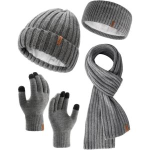imageFURTALK Winter Warm Beanie Knit Hat Touchscreen Gloves Scarf Set Soft Fleece Lined Double Layer Skull Cap Gifts for WomenGray