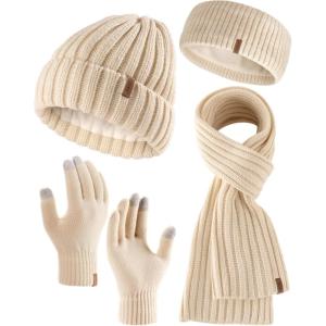 imageFURTALK Winter Warm Beanie Knit Hat Touchscreen Gloves Scarf Set Soft Fleece Lined Double Layer Skull Cap Gifts for WomenPure Beige
