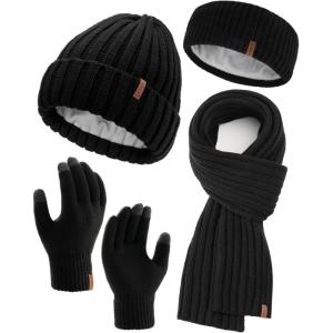imageFURTALK Winter Warm Beanie Knit Hat Touchscreen Gloves Scarf Set Soft Fleece Lined Double Layer Skull Cap Gifts for WomenPure Black