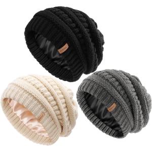 imageFURTALK Womes Slouchy Winter Beanie Knit Hat Satin Lined 3 Pack Thick Warm Fashionable Skull CapBlackdark Greybeige