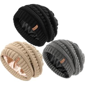 imageFURTALK Womes Slouchy Winter Beanie Knit Hat Satin Lined 3 Pack Thick Warm Fashionable Skull CapBlackgraylight Khaki