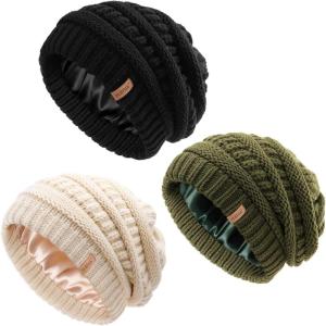 imageFURTALK Womes Slouchy Winter Beanie Knit Hat Satin Lined 3 Pack Thick Warm Fashionable Skull CapBlackgreenbeige