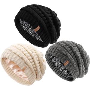 imageFURTALK Womes Slouchy Winter Beanie Knit Hat Satin Lined 3 Pack Thick Warm Fashionable Skull CapMixed Grayblackbeige