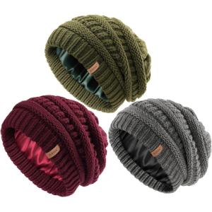 imageFURTALK Womes Slouchy Winter Beanie Knit Hat Satin Lined 3 Pack Thick Warm Fashionable Skull CapWine Reddark Greygreen